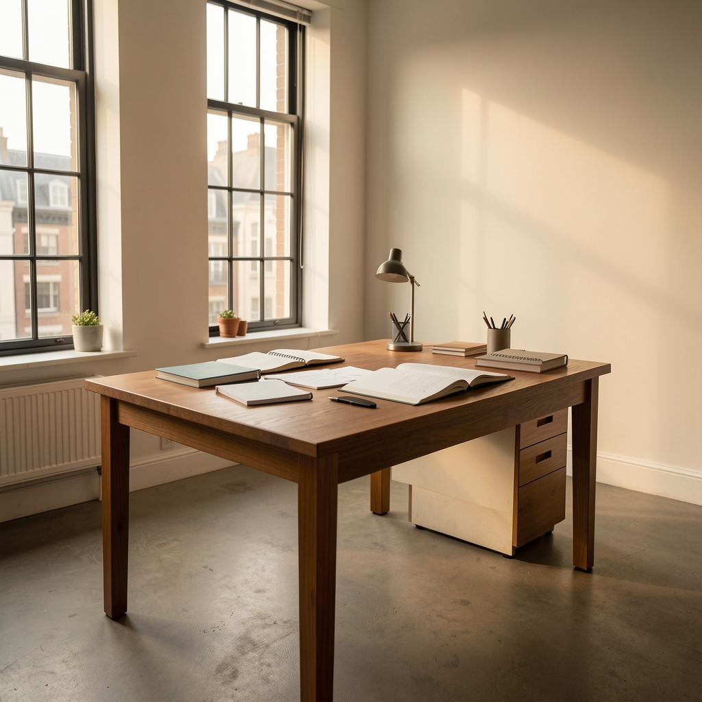 Quiet editorial office interior with a wooden desk, open notebooks, and afternoon light falling through tall windows — sparse, functional workspace