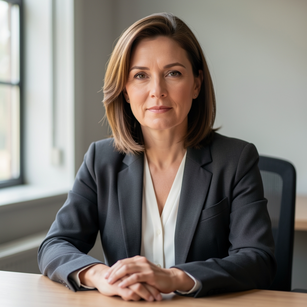 Professional editorial portrait of a woman in her early forties, seated at a desk with natural light from a side window, calm and composed expression