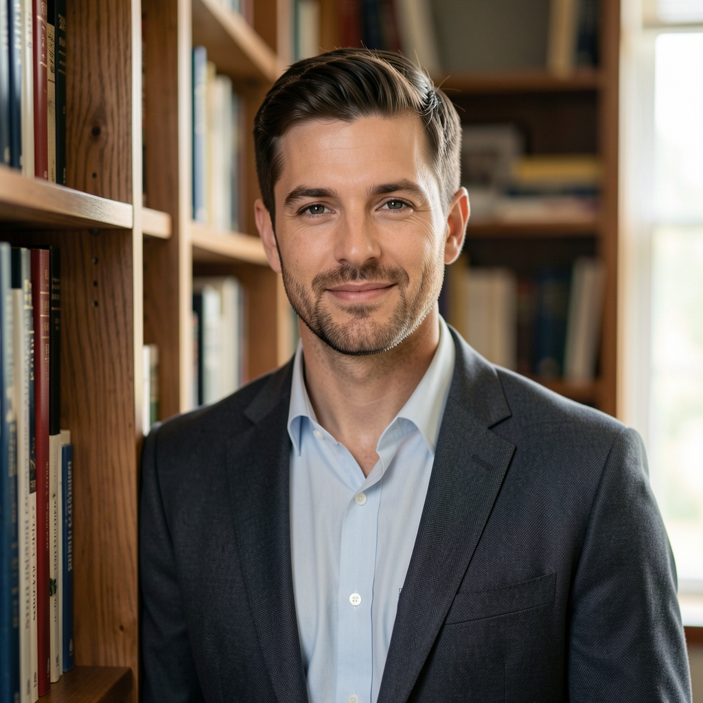 Professional editorial portrait of a man in his mid-thirties, standing near a bookshelf with natural light, relaxed posture, in a tidy study environment