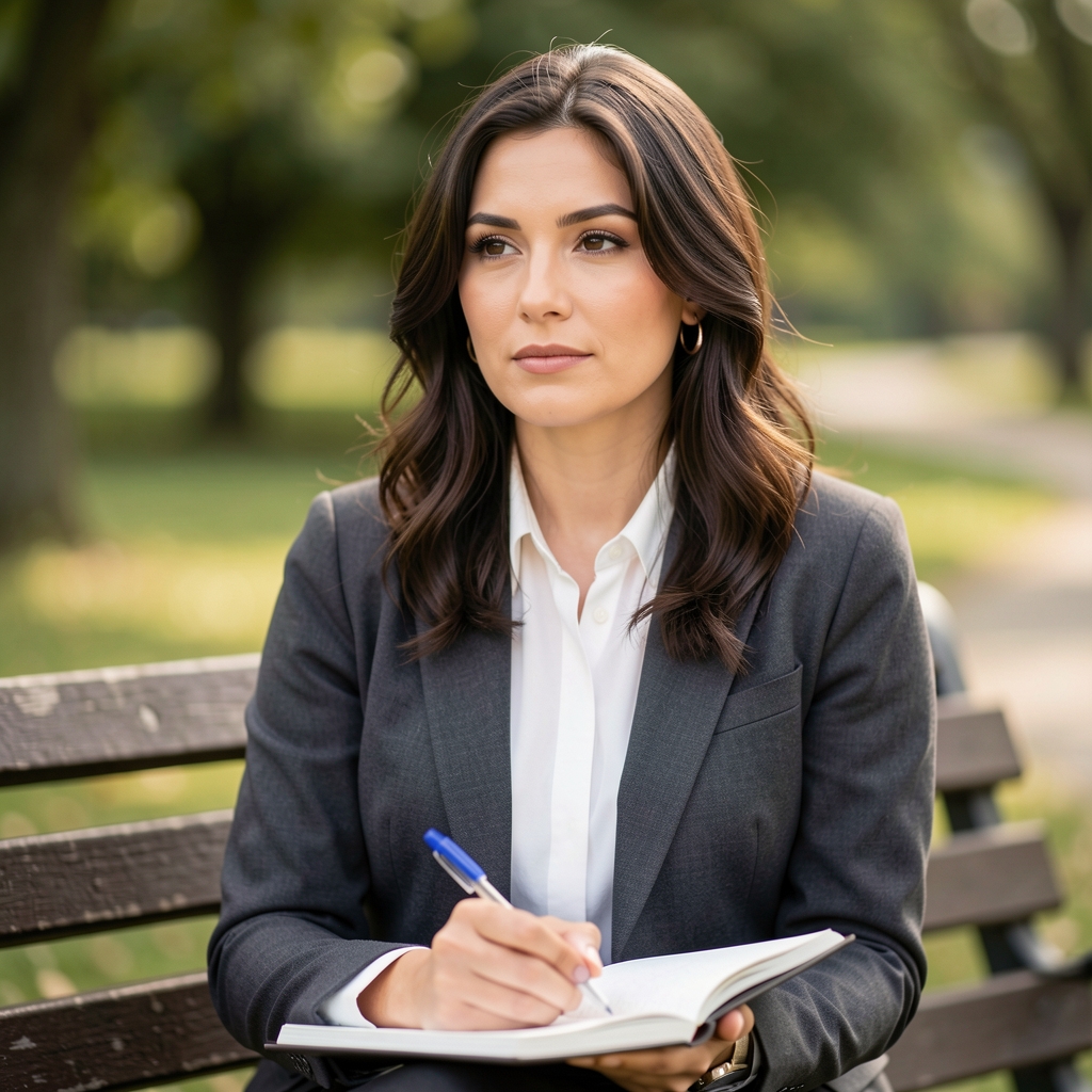 Professional editorial portrait of a woman in her late twenties, seated outdoors on a bench with a notebook, natural daylight, thoughtful expression