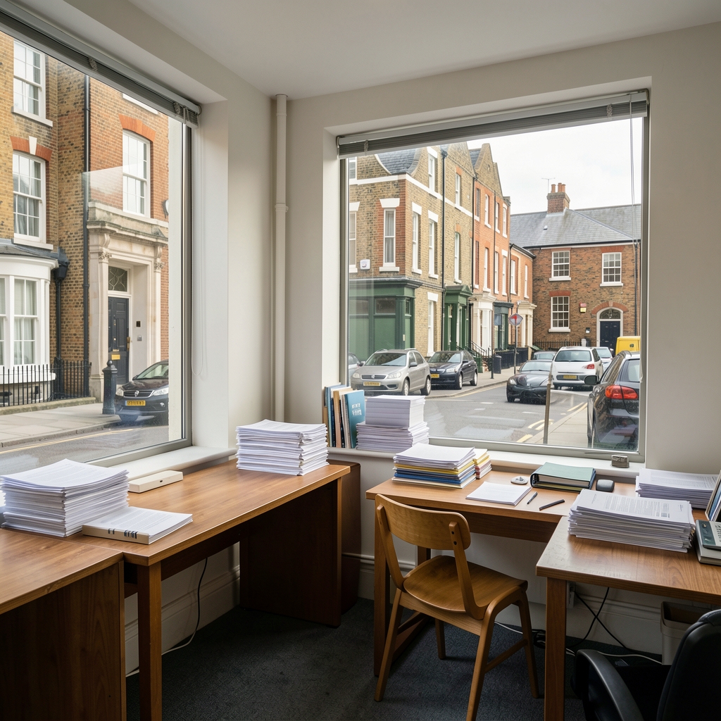 Interior of a compact London editorial office with two wooden desks, stacked research papers, and a large window overlooking a quiet Clerkenwell street in daylight