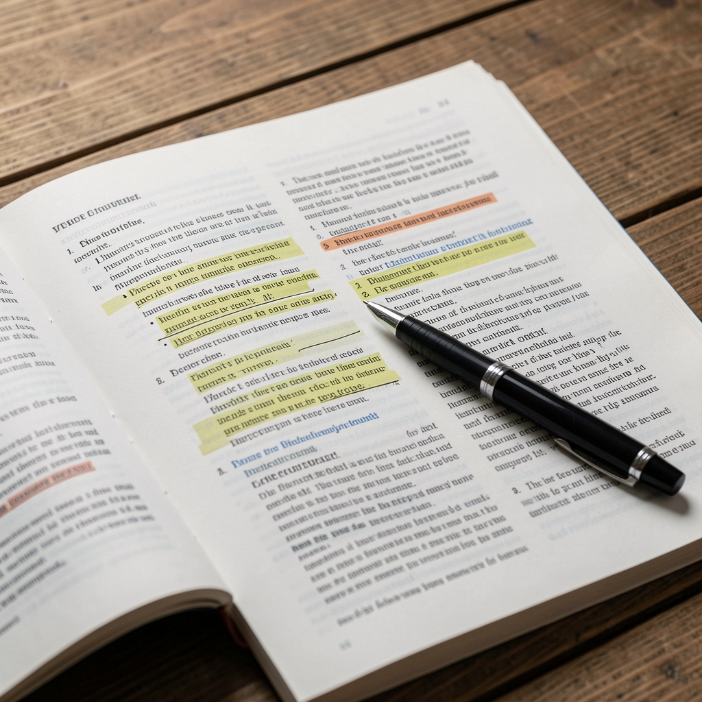 Close photograph of open printed journal articles on a wooden surface, highlighted passages visible, pen resting across the page — research annotation in progress