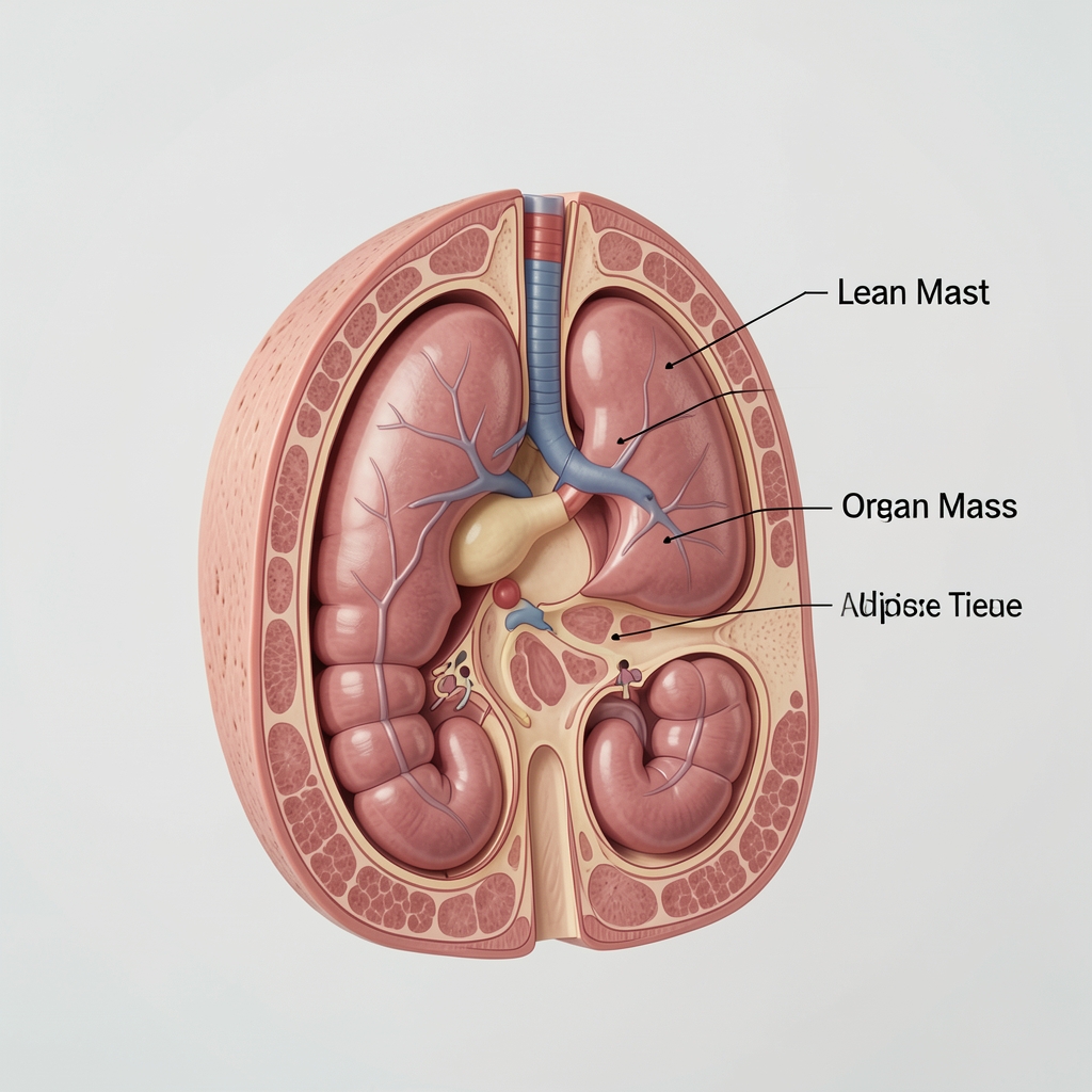 Scientific illustration style diagram showing body composition layers — lean mass, organ mass, and adipose tissue in cross-section, drawn with clean lines on a light background