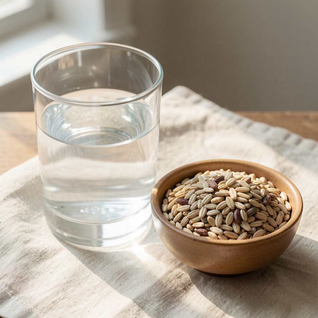 Close view of a glass of water beside a small bowl of mixed whole grains on a pale linen cloth in soft morning light, representing resting metabolic processes
