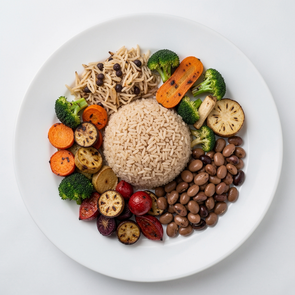 Flat lay of a nutritionally varied meal on a white ceramic plate — brown rice, roasted vegetables, and legumes — photographed from directly above under even artificial studio lighting