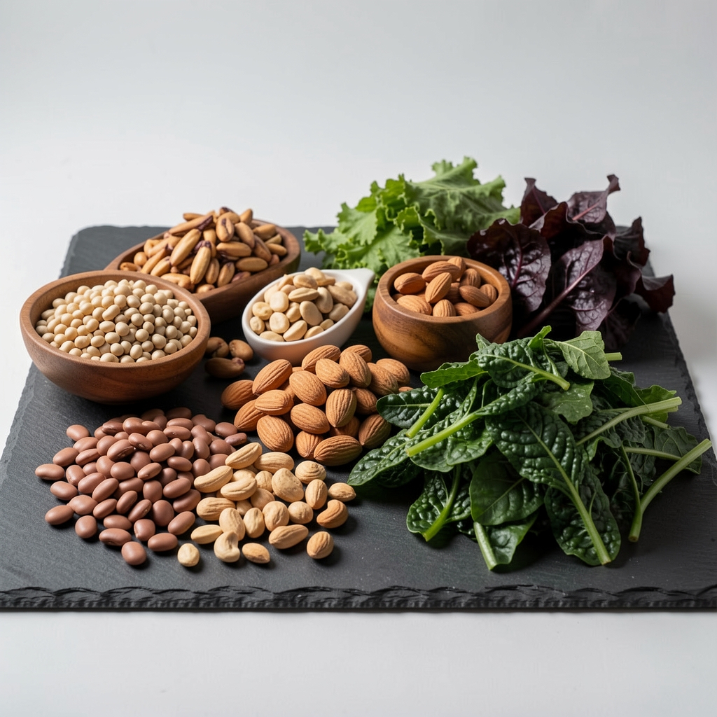 Arrangement of whole foods including legumes, nuts, and dark leafy greens on a slate surface under controlled studio lighting, representing nutrient partitioning