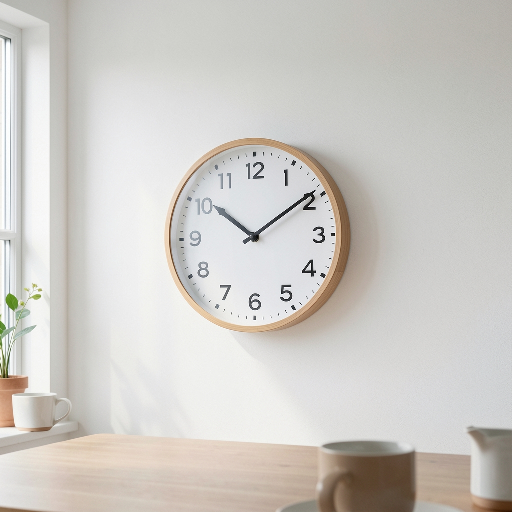A clean analogue wall clock on a plain white wall, photographed in a bright domestic interior — representing meal timing and structured eating windows