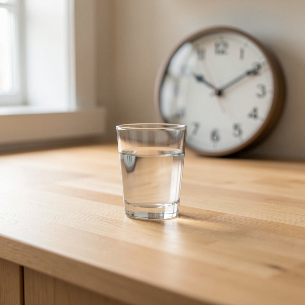 Simple wooden kitchen counter with a glass of water and a clock visible in the background, evoking the concept of meal timing and fasting windows in a clean domestic setting