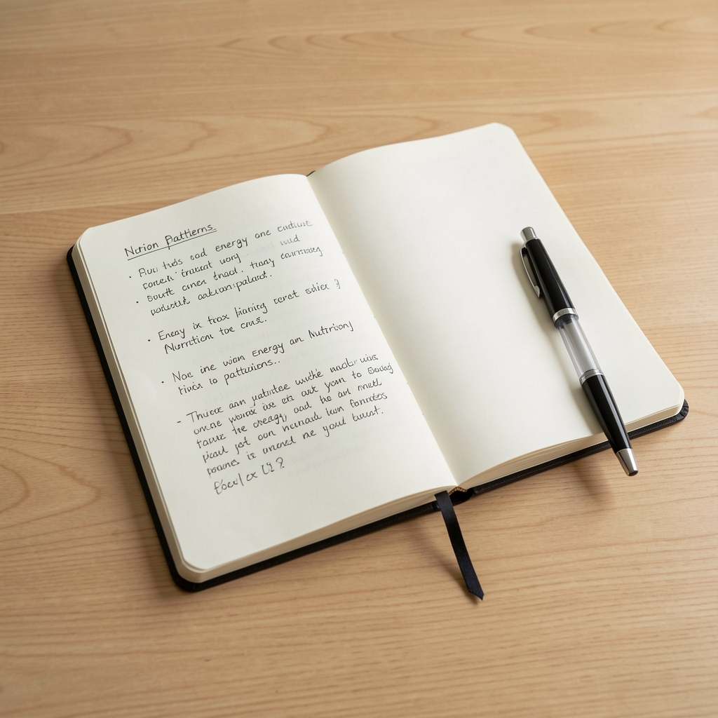 Open notebook on a plain wooden desk under even natural daylight, pen resting beside handwritten notes on energy and nutrition patterns