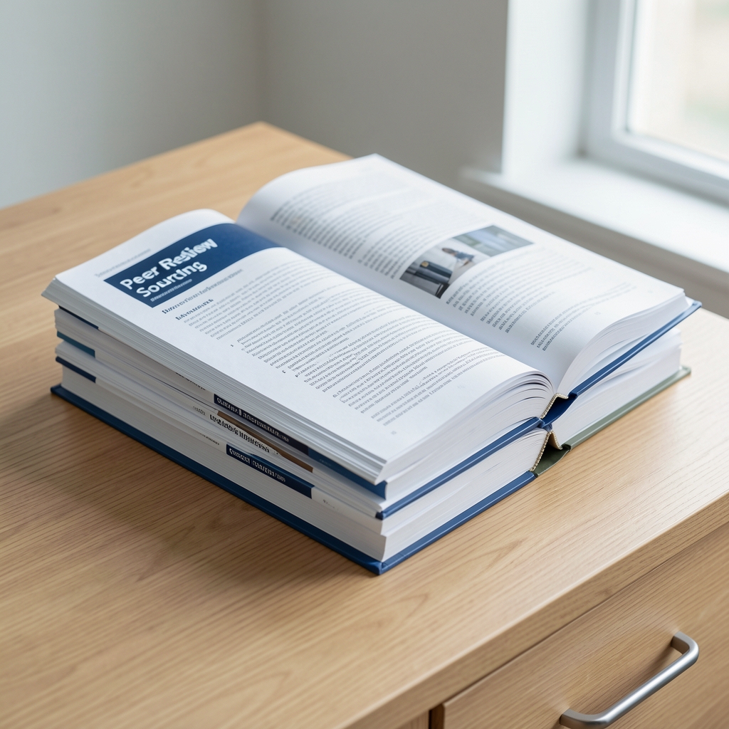 Stack of open academic journals and printed research papers on a clean wooden desk under even natural daylight, representing a peer-review sourcing process